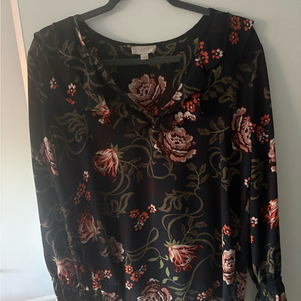 Loft Black Floral Blouse with Pink and Green Accents